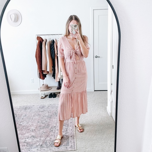 Faithfull the Brand Revolve Maple Pink Plaid Cut Out Midi Dress - Picture 13 of 15
